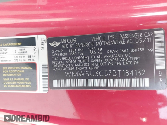 2011 MINI Hardtop with VIN WMWSU3C57BT184132, listed as a IAAI auction lot 42424168 with 65,985 mi miles and . Bid and sale history available at DreamBid. Image 9.