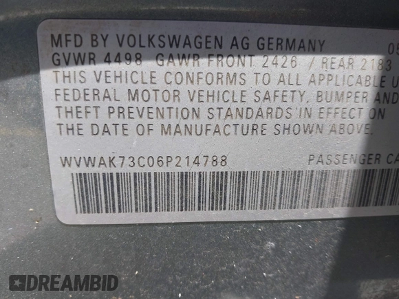 2006 Volkswagen Passat Value Edition z VIN WVWAK73C06P214788, wystawiony jako IAAI lot #40056548 z przebiegiem 170 758 mil mil oraz . Historia ofert i sprzedaży dostępna na DreamBid. Obrazek 9.