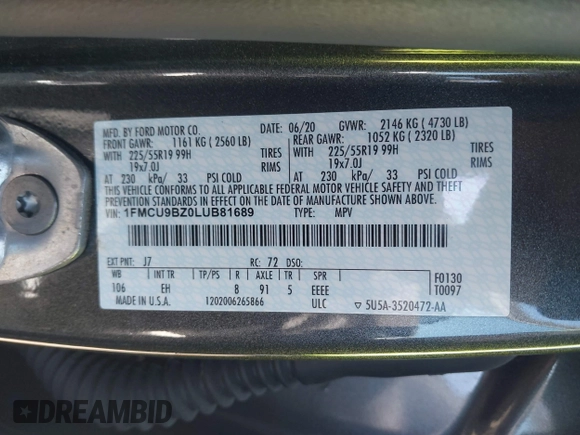 2020 Ford Escape SE Sport Hybrid with VIN 1FMCU9BZ0LUB81689, listed as a IAAI auction lot 41978638 with 69,831 mi miles and . Bid and sale history available at DreamBid. Image 9.
