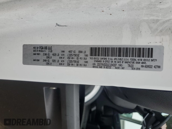 2020 Ram ProMaster Cargo with VIN 3C6TRVDG3LE124337, listed as a Copart auction lot 86795794 with 142,350 mi miles and Salvage Title. Bid and sale history available at carsss.com. Image 14.
