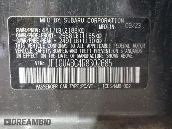 2024 Subaru Impreza z VIN JF1GUABC4R8302685, wystawiony jako Copart lot #45896735 z przebiegiem 14 699 mil mil oraz Szkoda całkowita • Salvage title. Historia ofert i sprzedaży dostępna na DreamBid. Obrazek 13.