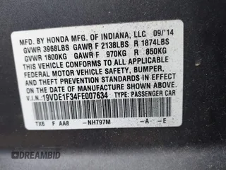 2015 Acura ILX with VIN 19VDE1F34FE007634, listed as a IAAI auction lot 41912042 with 119,977 mi miles. Bid and sale history available at carsss.com. Image 9.