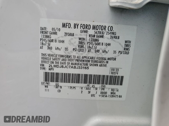 2010 Lincoln MKX with VIN 2LMDJ8JC7ABJ33165, listed as a Copart auction lot 52078895 with 72,079 mi miles and Salvage Title. Bid and sale history available at carsss.com. Image 14.