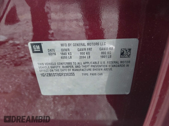 2016 Chevrolet Malibu LS z VIN 1G1ZB5ST8GF236255, wystawiony jako IAAI lot #42246635 z przebiegiem 119 942 mil mil oraz . Historia ofert i sprzedaży dostępna na DreamBid. Obrazek 9.