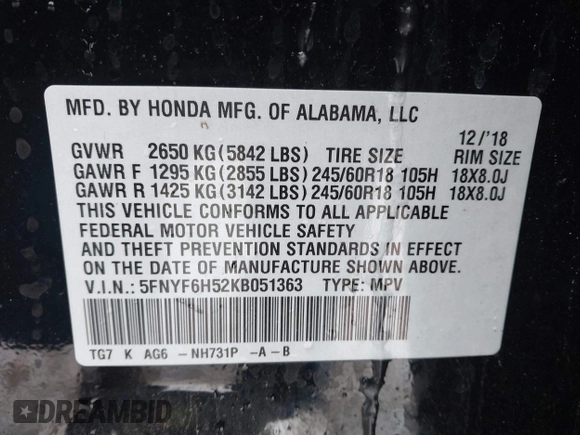 2019 Honda Pilot EX-L with VIN 5FNYF6H52KB051363, listed as a IAAI auction lot 41591540 with 109,860 mi miles. Bid and sale history available at carsss.com. Image 9.