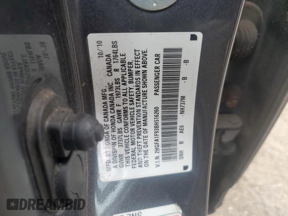 2011 Honda Civic EX-L with VIN 2HGFA1F93BH516260, listed as a Copart auction lot 54692125 with 166,715 mi miles and Clean Title. Bid and sale history available at DreamBid. Image 12.
