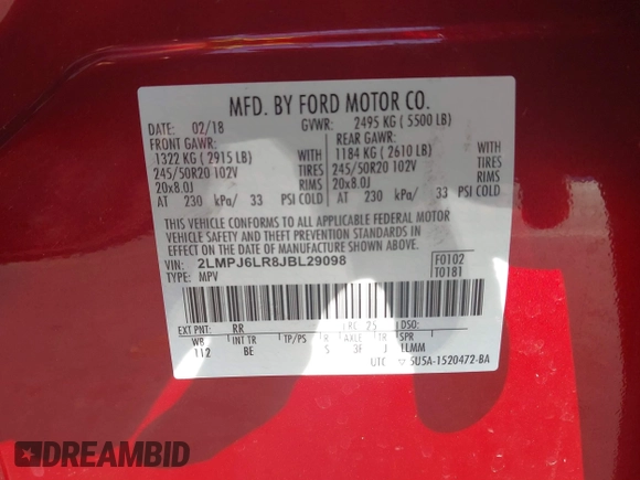 2018 Lincoln MKX Reserve with VIN 2LMPJ6LR8JBL29098, listed as a IAAI auction lot 41223622 with 32,529 mi miles. Bid and sale history available at carsss.com. Image 9.