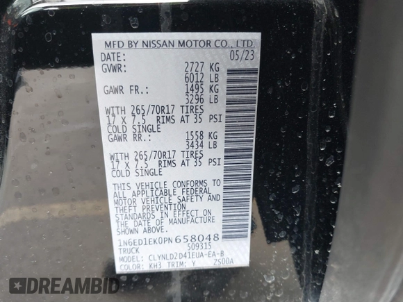 2023 Nissan Frontier SV with VIN 1N6ED1EK0PN658048, listed as a IAAI auction lot 41383407 with 13,744 mi miles and . Bid and sale history available at DreamBid. Image 9.