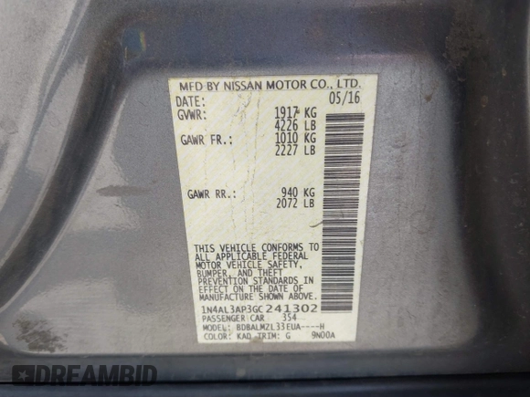 2016 Nissan Altima SR with VIN 1N4AL3AP3GC241302, listed as a IAAI auction lot 41889826 with 75,431 mi miles and . Bid and sale history available at DreamBid. Image 9.