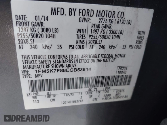 2014 Ford Explorer Limited z VIN 1FM5K7F88EGB53614, wystawiony jako IAAI lot #41752197 z przebiegiem 147 657 mil mil oraz . Historia ofert i sprzedaży dostępna na DreamBid. Obrazek 9.