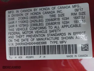 2017 Honda CR-V Touring with VIN 2HKRW2H9XHH683988, listed as a IAAI auction lot 41740218 with 55,488 mi miles. Bid and sale history available at carsss.com. Image 9.