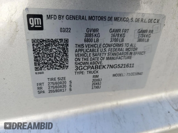 2022 Chevrolet Silverado 1500 Custom with VIN 3GCPABEK7NG521611, listed as a Copart auction lot 49009995 with 124,826 mi miles and Salvage Title. Bid and sale history available at DreamBid. Image 14.