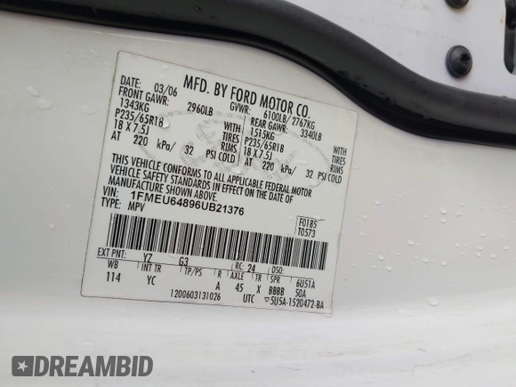 2006 Ford Explorer Eddie Bauer с VIN 1FMEU64896UB21376, выставлен на аукционе IAAI как лот 42086981 с пробегом 132 314 миль миль и . История ставок и продаж доступна на DreamBid. Изображение 9.