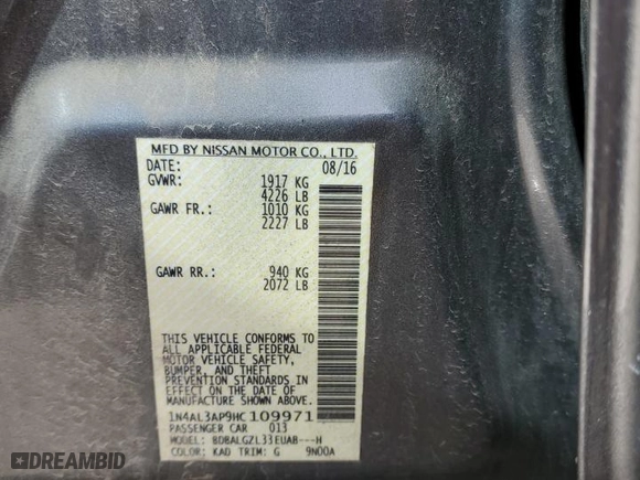2017 Nissan Altima 2.5 SV with VIN 1N4AL3AP9HC109971, listed as a Copart auction lot 47260755 with 68,743 mi miles and Salvage Title. Bid and sale history available at carsss.com. Image 12.