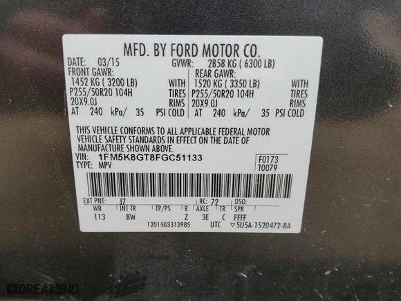 2015 Ford Explorer Sport with VIN 1FM5K8GT8FGC51133, listed as a Copart auction lot 48207495 with 126,145 mi miles and Salvage Title. Bid and sale history available at carsss.com. Image 15.