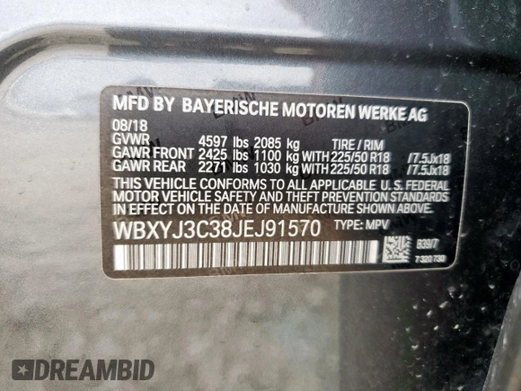 2018 BMW X2 sDrive28i with VIN WBXYJ3C38JEJ91570, listed as a Copart auction lot 57483525 with 40,790 mi miles and Salvage title. Bid and sale history available at DreamBid. Image 13.