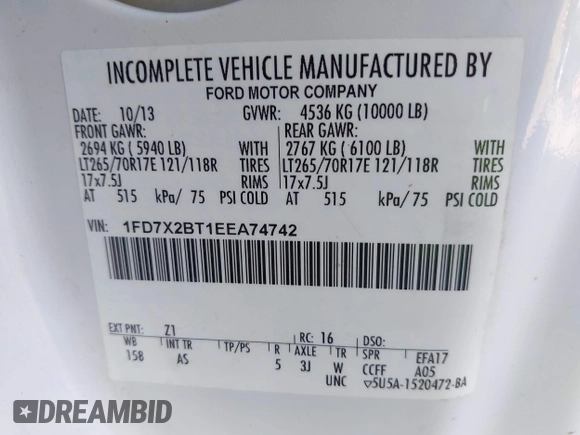 2014 Ford F-250 with VIN 1FD7X2BT1EEA74742, listed as a IAAI auction lot 41937930 with 268,877 mi miles and . Bid and sale history available at DreamBid. Image 9.