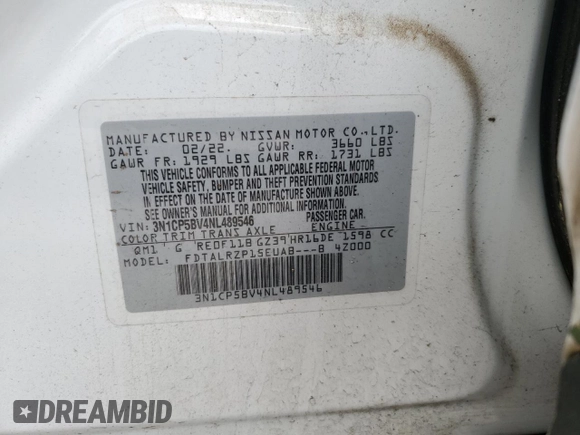 2022 Nissan Kicks S with VIN 3N1CP5BV4NL489546, listed as a Copart auction lot 54014935 with 63,306 mi miles and Clean Title. Bid and sale history available at DreamBid. Image 13.
