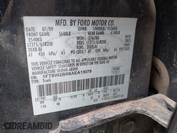 2010 Ford Super Duty F-250 SRW XL with VIN 1FTSW2BR8AEA13078, listed as a IAAI auction lot 41702041 with 311,337 mi miles. Bid and sale history available at carsss.com. Image 9.