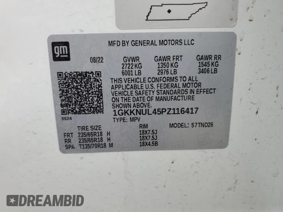 2023 GMC Acadia SLT with VIN 1GKKNUL45PZ116417, listed as a Copart auction lot 47419635 with 44,183 mi miles and Salvage Title. Bid and sale history available at DreamBid. Image 14.