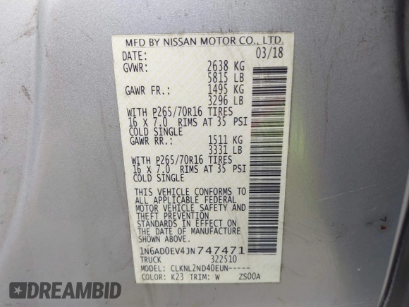2018 Nissan Frontier Pro-4X with VIN 1N6AD0EV4JN747471, listed as a IAAI auction lot 42061739 with 43,661 mi miles and . Bid and sale history available at DreamBid. Image 9.