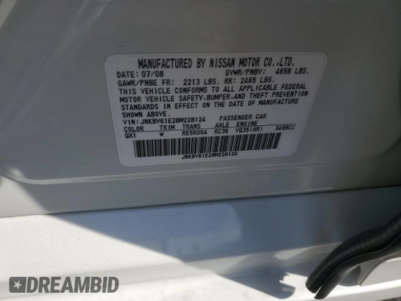 2008 Infiniti G35 Journey with VIN JNKBV61E28M228124, listed as a Copart auction lot 52823565 with 88,684 mi miles and Salvage Title. Bid and sale history available at DreamBid. Image 12.