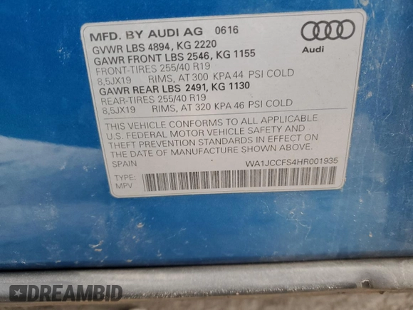 2017 Audi Q3 Premium Plus with VIN WA1JCCFS4HR001935, listed as a Copart auction lot 84167144 with 33,739 mi miles and Salvage title. Bid and sale history available at DreamBid. Image 13.