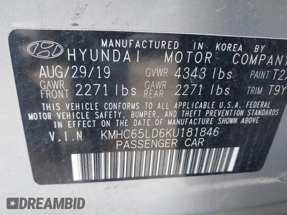 2019 Hyundai Ioniq z VIN KMHC65LD6KU181846, wystawiony jako IAAI lot #41752970 z przebiegiem 76 272 mil mil oraz . Historia ofert i sprzedaży dostępna na DreamBid. Obrazek 9.