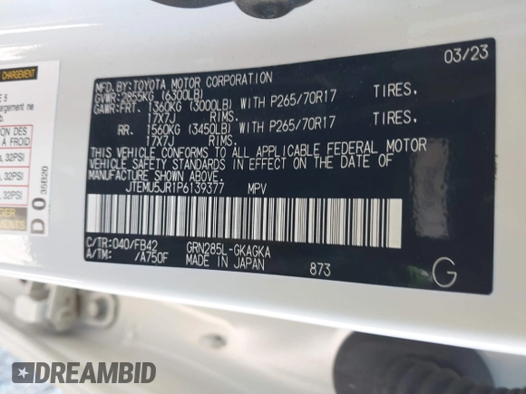 2023 Toyota 4Runner SR5 с VIN JTEMU5JR1P6139377, выставлен на аукционе IAAI как лот 41600169 с пробегом 34 513 миль миль и . История ставок и продаж доступна на DreamBid. Изображение 9.