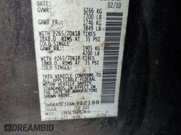 2010 Nissan Titan XE with VIN 1N6BA0EJ1AN312188, listed as a Copart auction lot 50984505 with 391,186 mi miles and Salvage Title. Bid and sale history available at carsss.com. Image 12.