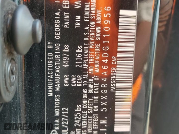 2013 Kia Optima SX with VIN 5XXGR4A64DG110956, listed as a Copart auction lot 60303665 with 164,780 mi miles and Clean title. Bid and sale history available at DreamBid. Image 12.