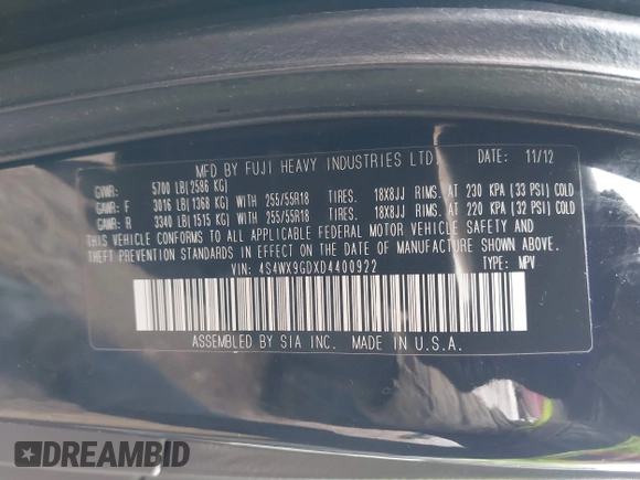 2013 Subaru Tribeca Limited с VIN 4S4WX9GDXD4400922, выставлен на аукционе IAAI как лот 41651477 с пробегом 160 404 миль миль и . История ставок и продаж доступна на DreamBid. Изображение 9.