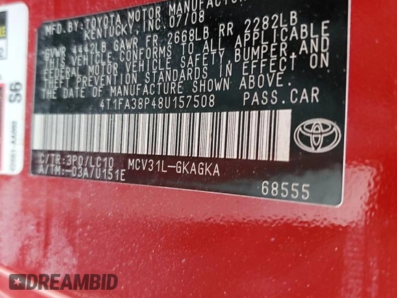 2008 Toyota Solara SE with VIN 4T1FA38P48U157508, listed as a Copart auction lot 76630204 with Not Provided miles and Non Repairable. Bid and sale history available at DreamBid. Image 13.