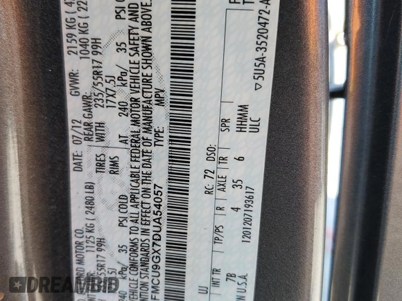 2013 Ford Escape SE with VIN 1FMCU9GX7DUA54057, listed as a Copart auction lot 60040545 with 173,086 mi miles and Salvage title. Bid and sale history available at DreamBid. Image 14.