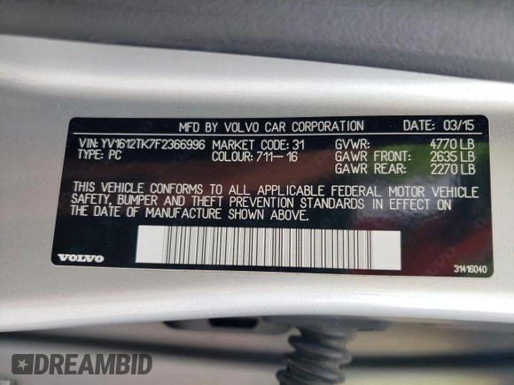 2015 Volvo S60 T5 Premier with VIN YV1612TK7F2366996, listed as a Copart auction lot 59237905 with 95,880 mi miles and Clean title. Bid and sale history available at DreamBid. Image 12.