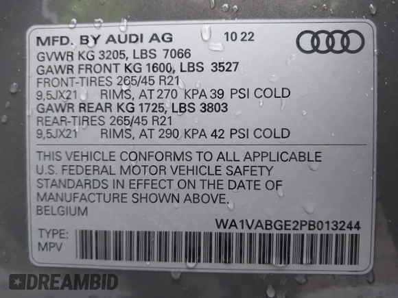 2023 Audi e-tron Chronos with VIN WA1VABGE2PB013244, listed as a IAAI auction lot 41283553 with 28,463 mi miles and . Bid and sale history available at DreamBid. Image 9.