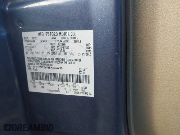2006 Ford F-150 XLT with VIN 1FTRW12W96KA94230, listed as a IAAI auction lot 42590315 with 150,527 mi miles and . Bid and sale history available at DreamBid. Image 9.