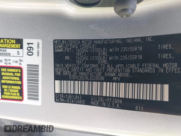 2020 Toyota Sienna XLE Auto Access Seat with VIN 5TDYZ3DC8LS029598, listed as a IAAI auction lot 42141922 with 47,347 mi miles and . Bid and sale history available at DreamBid. Image 9.