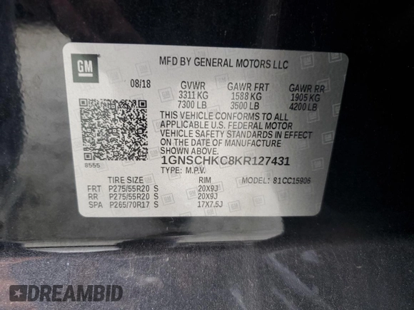2019 Chevrolet Suburban LT with VIN 1GNSCHKC8KR127431, listed as a Copart auction lot 43931515 with 123,338 mi miles and Salvage Title. Bid and sale history available at DreamBid. Image 13.