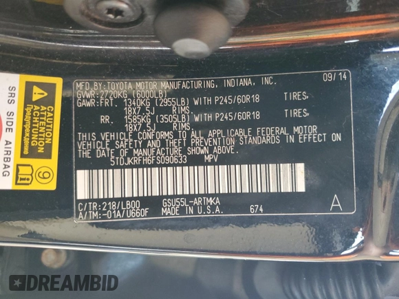 2015 Toyota Highlander XLE z VIN 5TDJKRFH6FS090633, wystawiony jako Copart lot #54089715 z przebiegiem 194 494 mil mil oraz Szkoda całkowita • Salvage title. Historia ofert i sprzedaży dostępna na DreamBid. Obrazek 13.