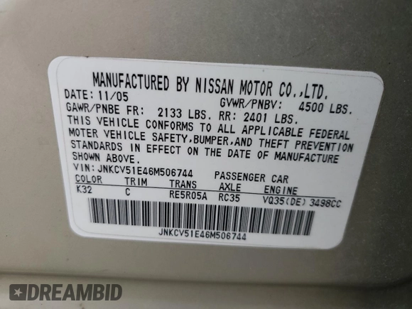 2006 Infiniti G35 with VIN JNKCV51E46M506744, listed as a Copart auction lot 52410785 with 223,255 mi miles and Salvage Title. Bid and sale history available at DreamBid. Image 12.