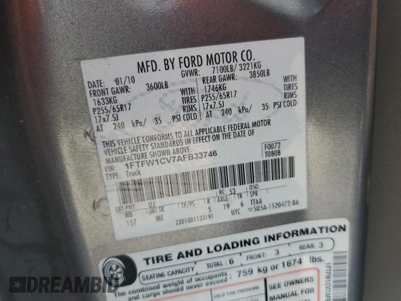 2010 Ford F-150 XL with VIN 1FTFW1CV7AFB33746, listed as a Copart auction lot 52814145 with 214,777 mi miles and Clean Title. Bid and sale history available at DreamBid. Image 12.