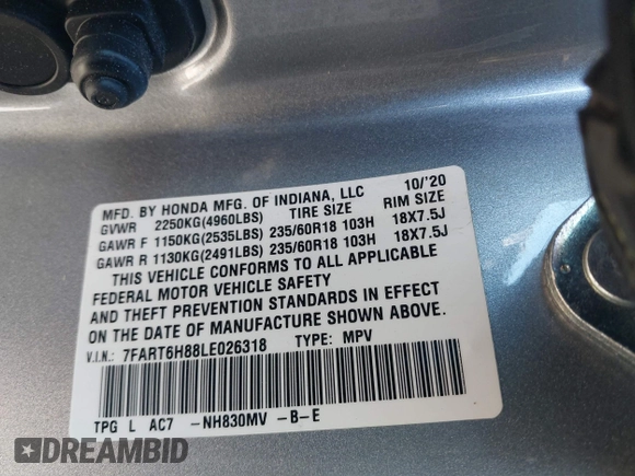 2020 Honda CR-V EX-L with VIN 7FART6H88LE026318, listed as a IAAI auction lot 41231205 with 69,266 mi miles and . Bid and sale history available at DreamBid. Image 9.