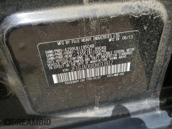 2013 Subaru Impreza Premium z VIN JF1GJAC6XDH033912, wystawiony jako Copart lot #56963925 z przebiegiem 73 140 mil mil oraz Szkoda całkowita • Salvage title. Historia ofert i sprzedaży dostępna na DreamBid. Obrazek 13.