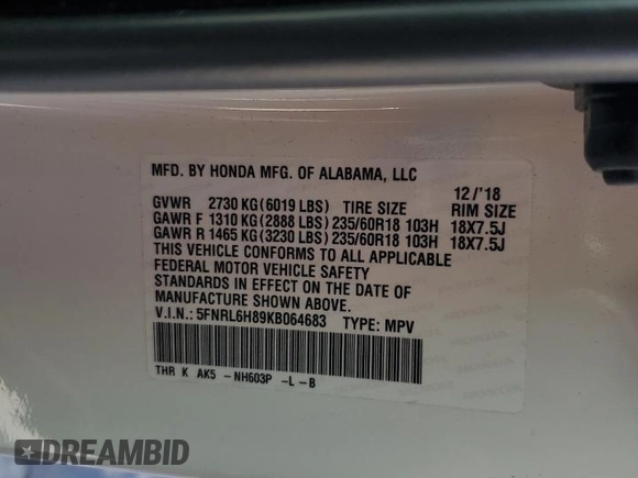 2019 Honda Odyssey Touring with VIN 5FNRL6H89KB064683, listed as a Copart auction lot 84063114 with 71,919 mi miles and Salvage Title. Bid and sale history available at carsss.com. Image 13.