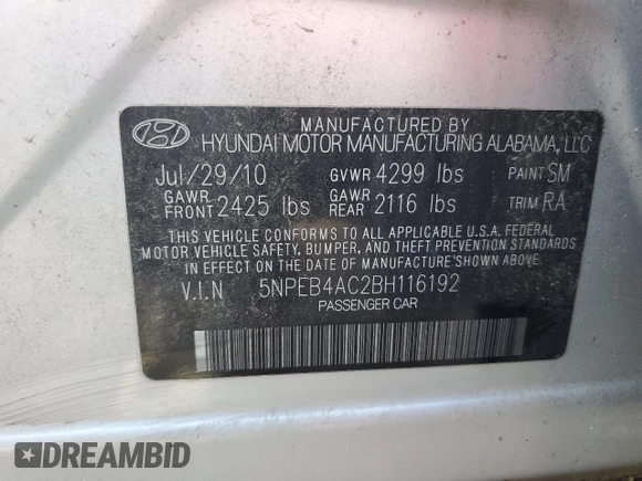 2011 Hyundai Sonata GLS z VIN 5NPEB4AC2BH116192, wystawiony jako Copart lot #60026665 z przebiegiem 117 175 mil mil oraz Szkoda całkowita • Salvage title. Historia ofert i sprzedaży dostępna na DreamBid. Obrazek 12.