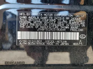 2012 Lexus IS 250 with VIN JTHBF5C2XC5180644, listed as a Copart auction lot 61143305 with 144,848 mi miles and Salvage title. Bid and sale history available at DreamBid. Image 12.