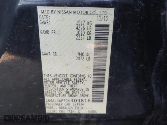 2016 Nissan Altima S with VIN 1N4AL3AP7GN309816, listed as a IAAI auction lot 41768513 with 163,641 mi miles and . Bid and sale history available at DreamBid. Image 9.