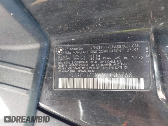 1997 BMW 3 Series Z3 1.9 z VIN 4USCH7326VLE03768, wystawiony jako IAAI lot #41422639 z przebiegiem Nie podano mil oraz . Historia ofert i sprzedaży dostępna na DreamBid. Obrazek 9.