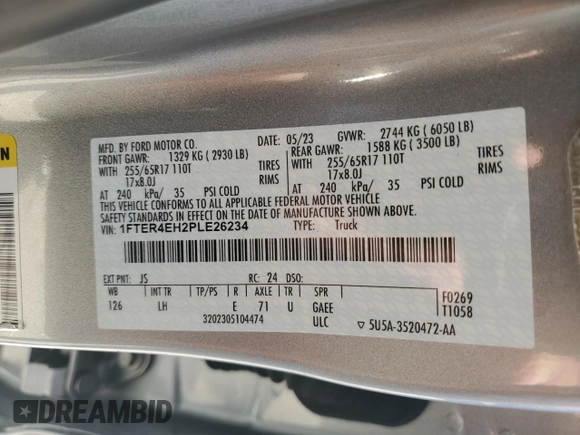 2023 Ford Ranger XL with VIN 1FTER4EH2PLE26234, listed as a Copart auction lot 86579934 with 59,389 mi miles and Salvage title. Bid and sale history available at DreamBid. Image 12.